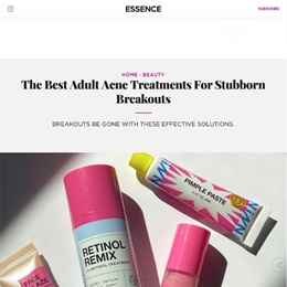 Image of Essence Digital Magazine header showing a variety of skin-treatment products.